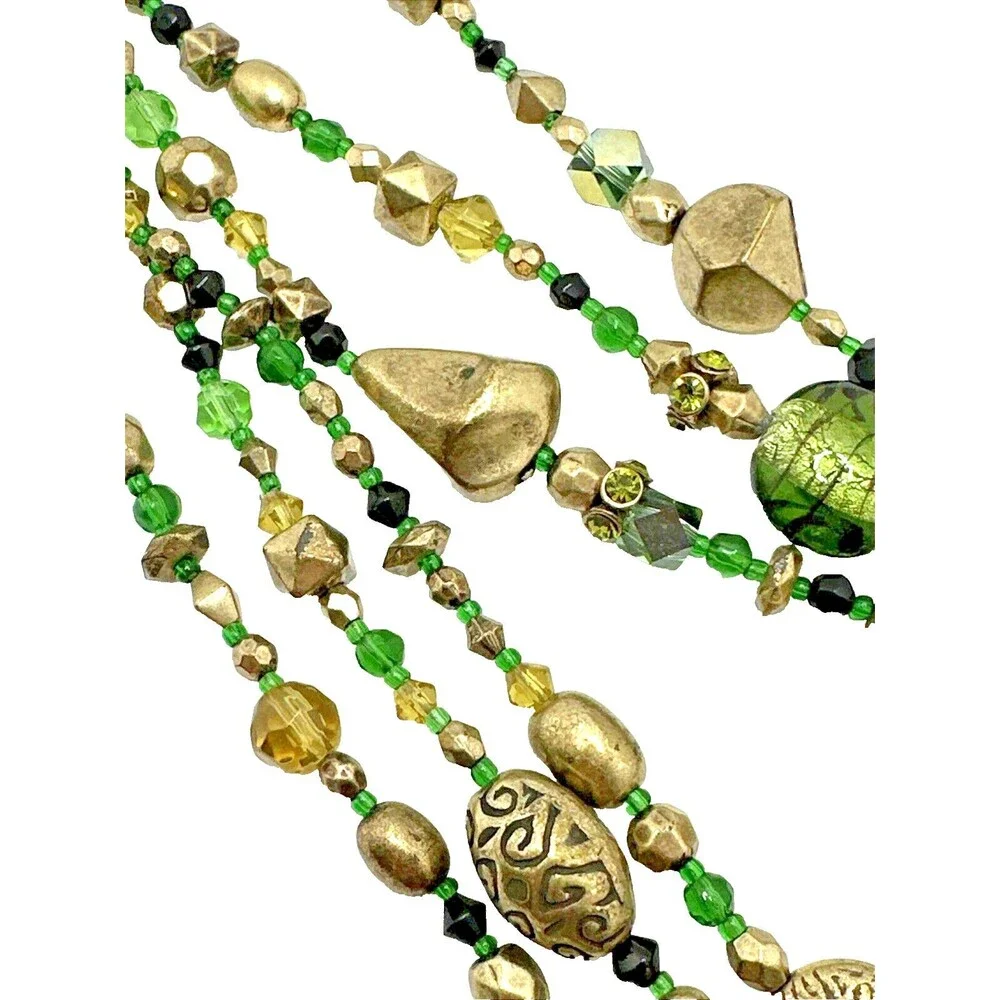 Vintage Green Gold Multi Strand Bead Necklace Boho Crystal Accents Box Clasp 16